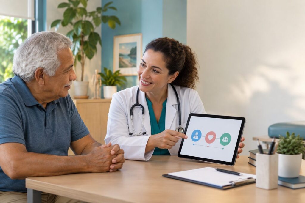 Médico orientando paciente idoso durante consulta